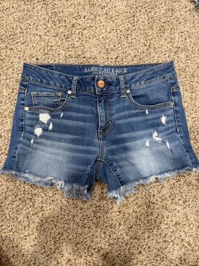 American Eagle Outfitters Distressed Frayed Hem Jean Shorts - Blue